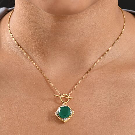 Verde Onyx & White Zircon Necklace (Size - 20) with Tongle Clasp in Yellow Gold Plating Sterling Silver 7.45 Ct, Silver Wt. 5.26 Gms.