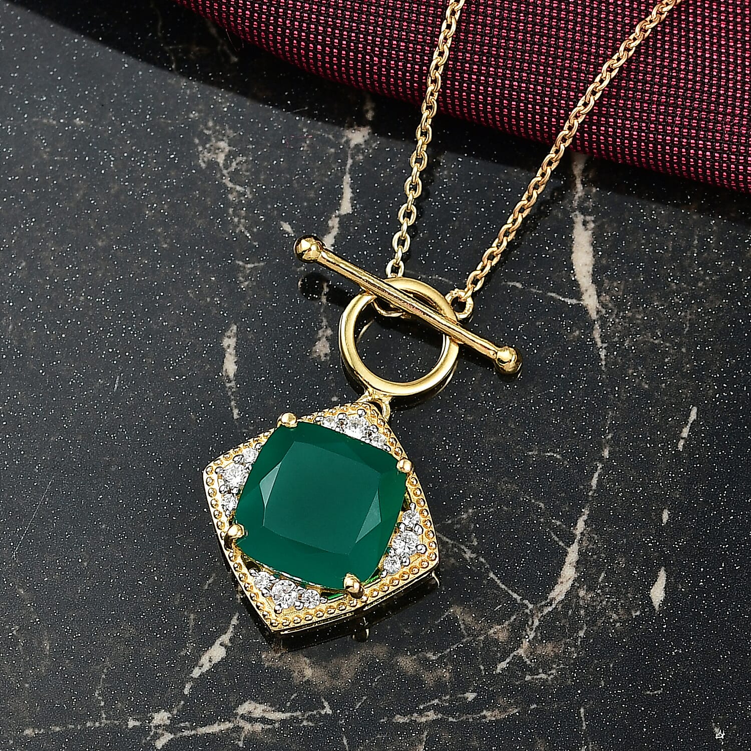 Verde Onyx & White Zircon Necklace (Size - 20) with Tongle Clasp in Yellow Gold Plating Sterling Silver 7.45 Ct, Silver Wt. 5.26 Gms.