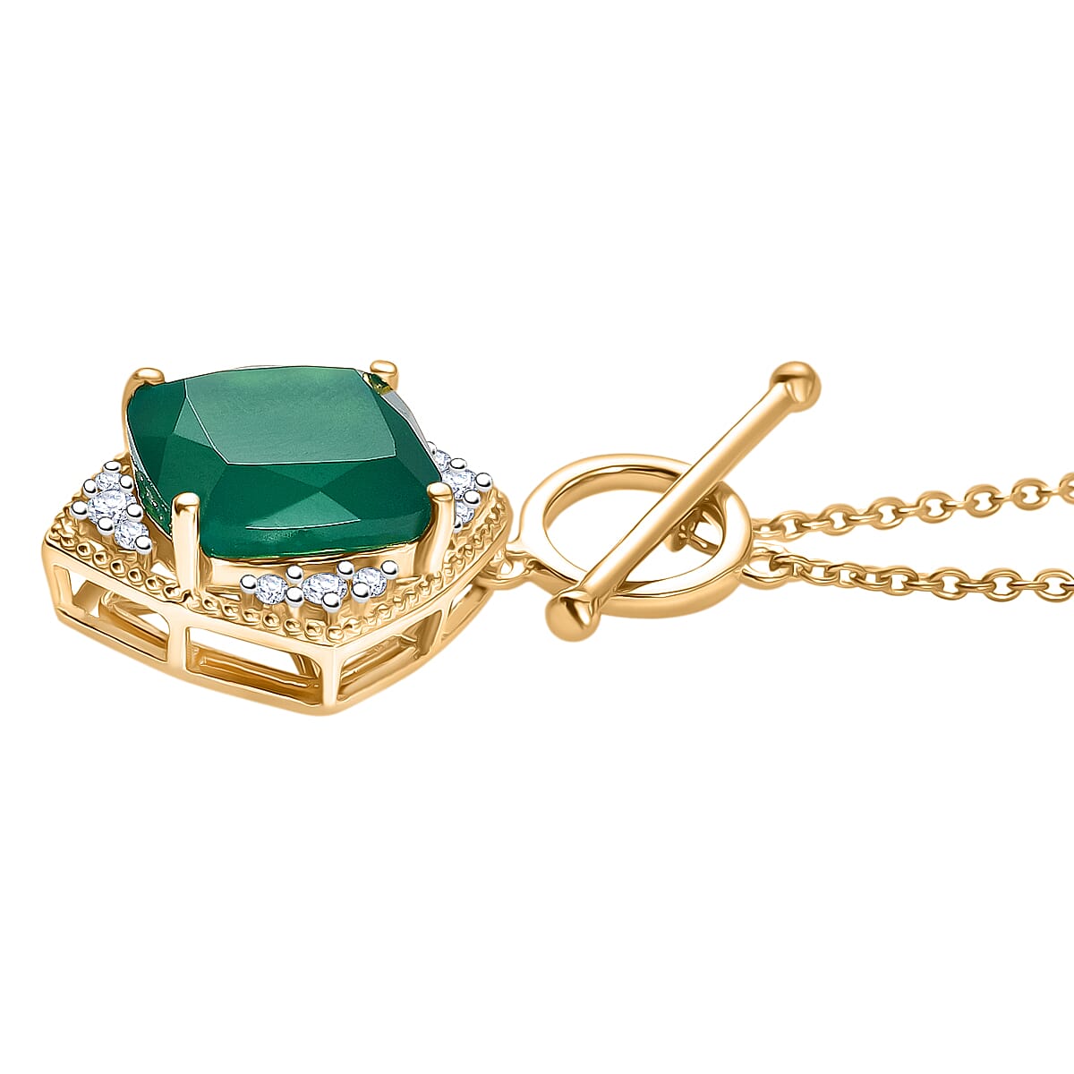 Verde Onyx & White Zircon Necklace (Size - 20) with Tongle Clasp in Yellow Gold Plating Sterling Silver 7.45 Ct, Silver Wt. 5.26 Gms.