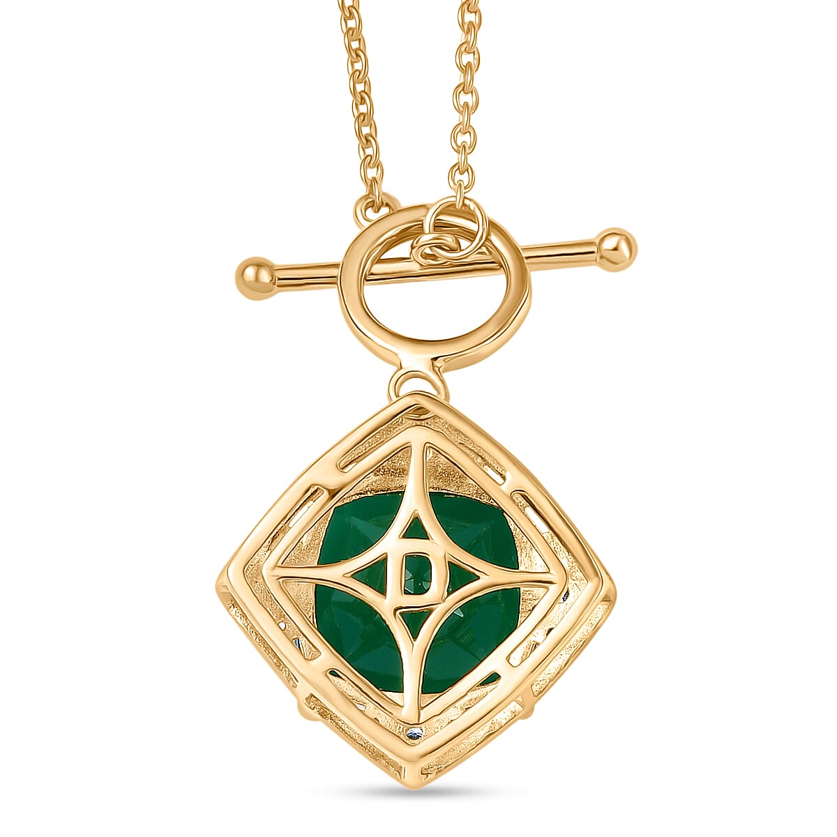 Verde Onyx & White Zircon Necklace (Size - 20) with Tongle Clasp in Yellow Gold Plating Sterling Silver 7.45 Ct, Silver Wt. 5.26 Gms.