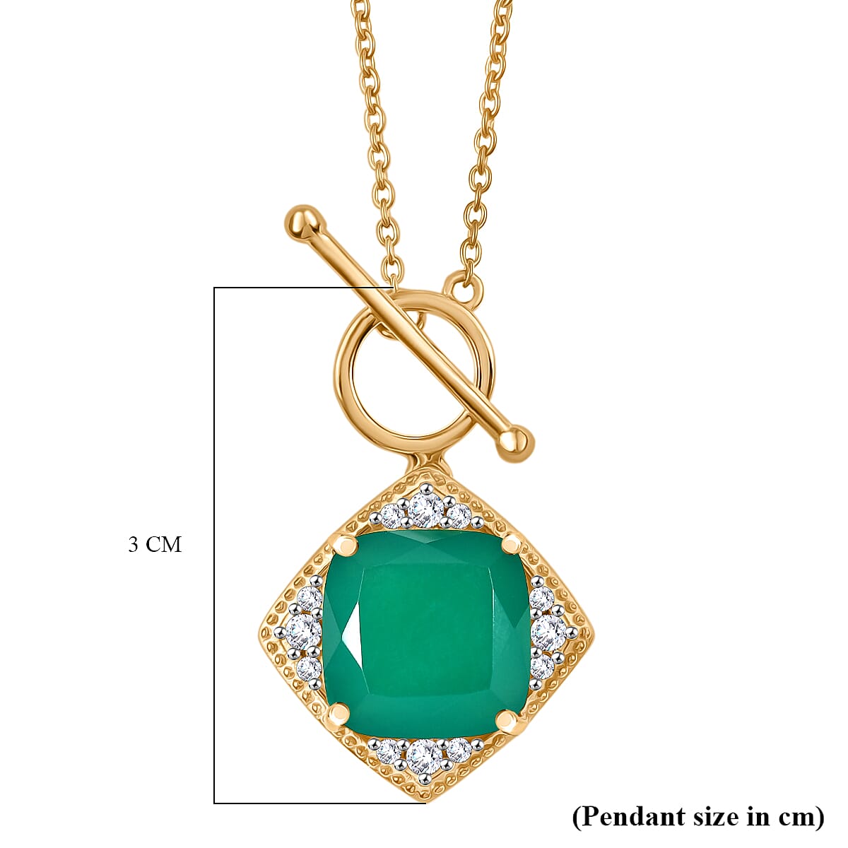 Verde Onyx & White Zircon Necklace (Size - 20) with Tongle Clasp in Yellow Gold Plating Sterling Silver 7.45 Ct, Silver Wt. 5.26 Gms.