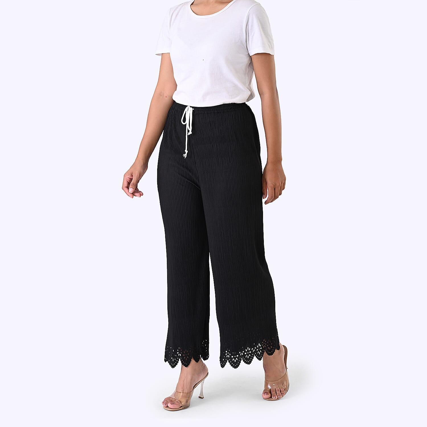 Styled By Laser-Cut Hem Pleated Wide Leg Trouser (One Size) - Black