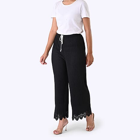 Styled By Laser-Cut Hem Pleated Wide Leg Trouser (One Size) - Black