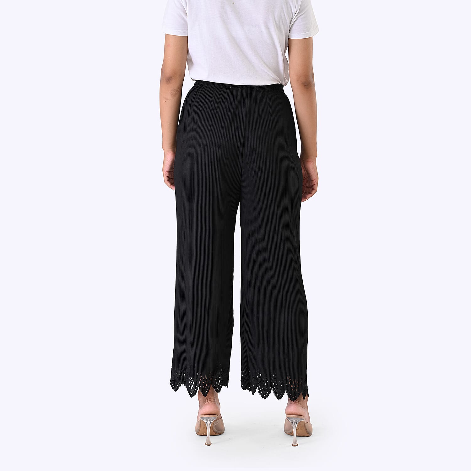 Styled By Laser-Cut Hem Pleated Wide Leg Trouser (One Size) - Black