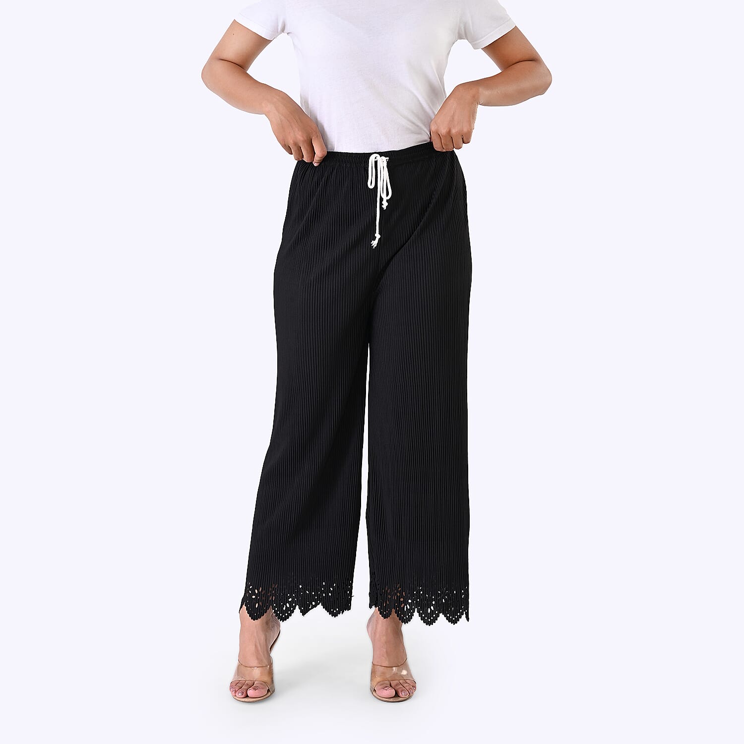 Styled By Laser-Cut Hem Pleated Wide Leg Trouser (One Size) - Black