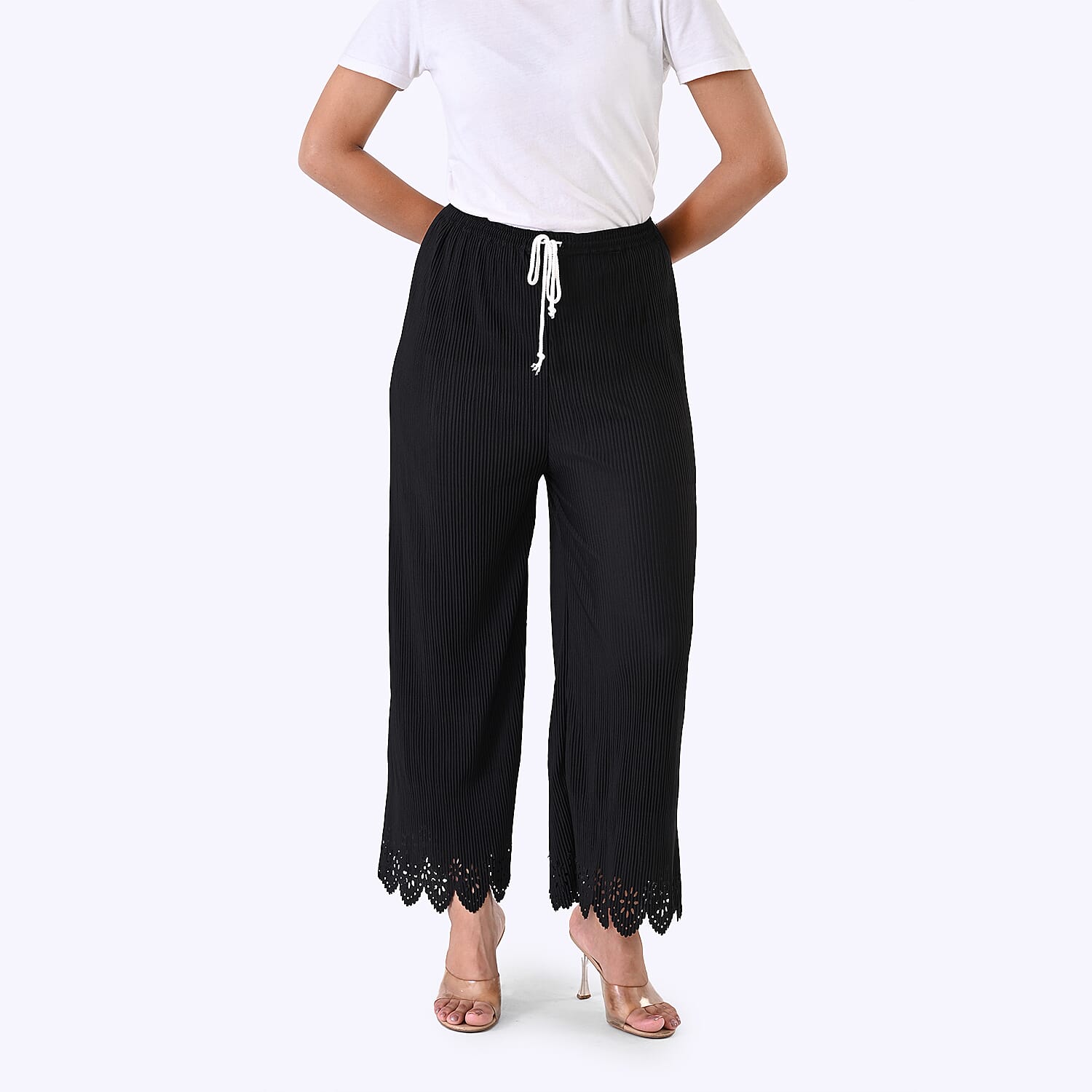 Styled By Laser-Cut Hem Pleated Wide Leg Trouser (One Size) - Black