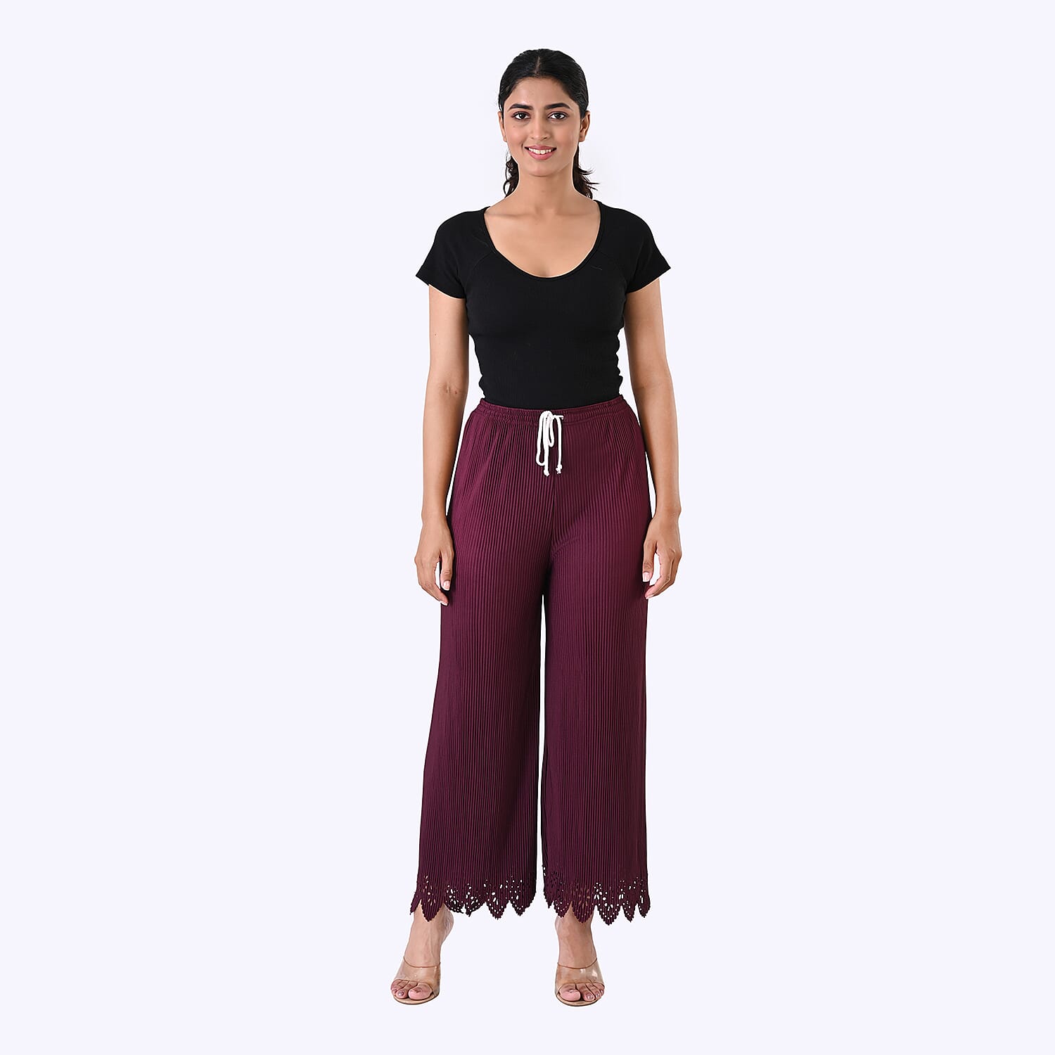 Styled By Laser-Cut Hem Pleated Palazzo (One Size) - Burgundy