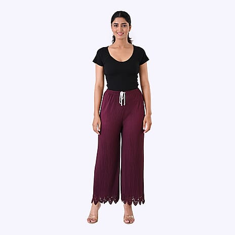 Styled By Laser-Cut Hem Pleated Palazzo (One Size) - Burgundy