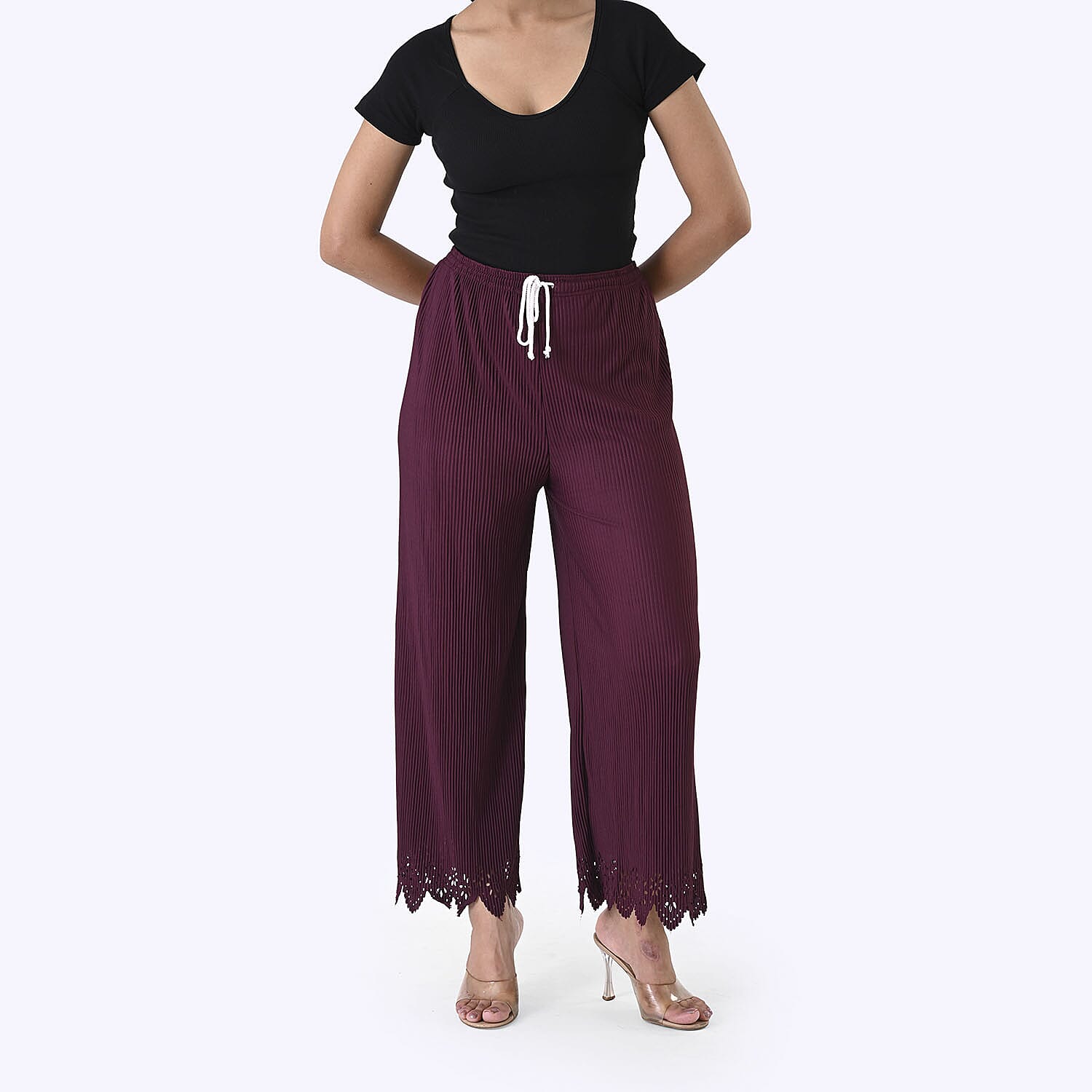Styled By Laser-Cut Hem Pleated Palazzo (One Size) - Burgundy