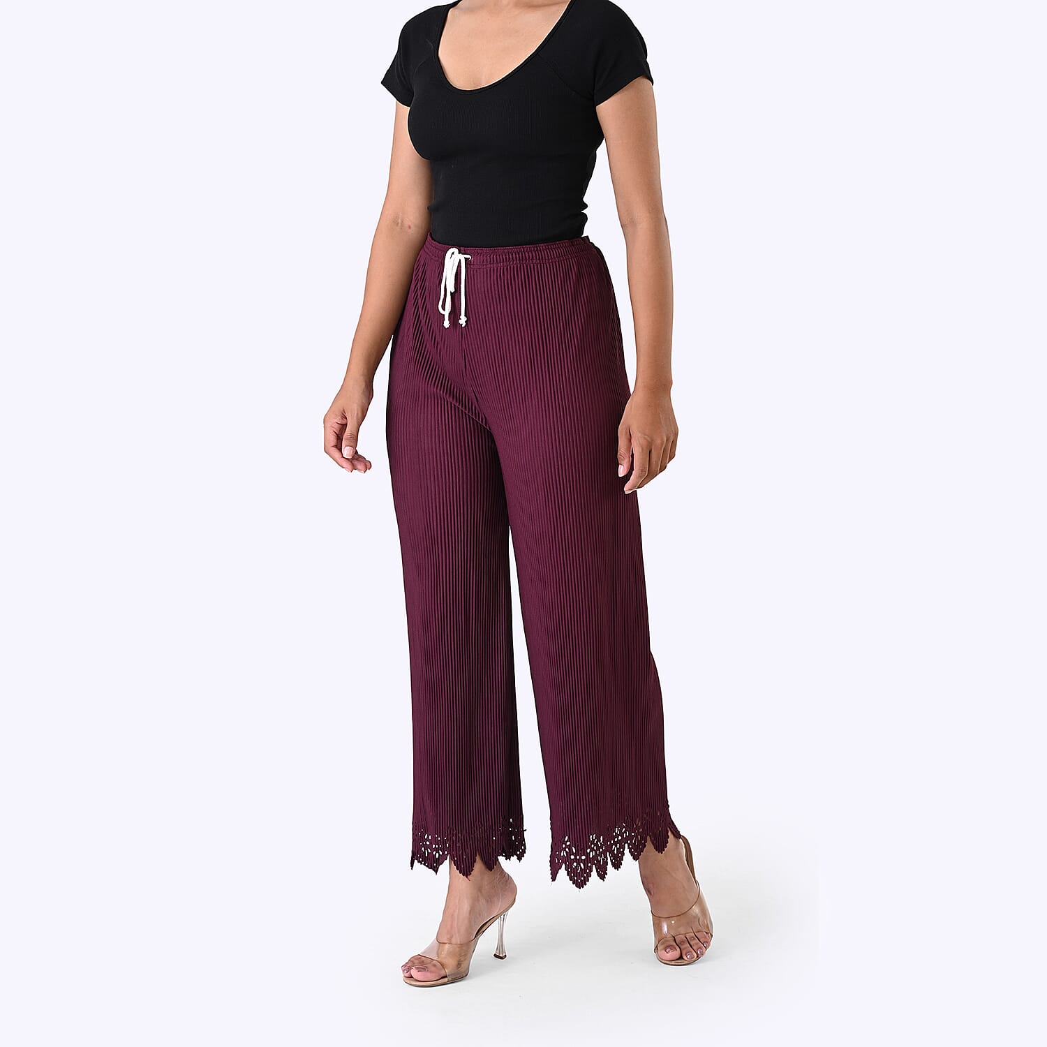 Styled By Laser-Cut Hem Pleated Palazzo (One Size) - Burgundy