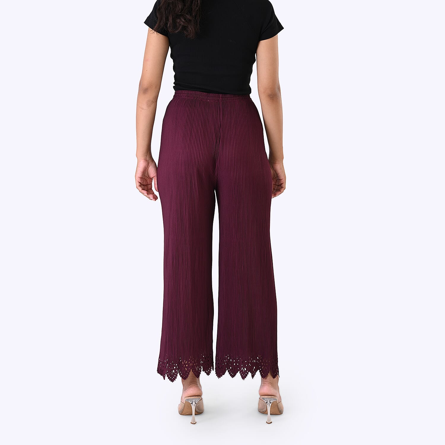 Styled By Laser-Cut Hem Pleated Palazzo (One Size) - Burgundy