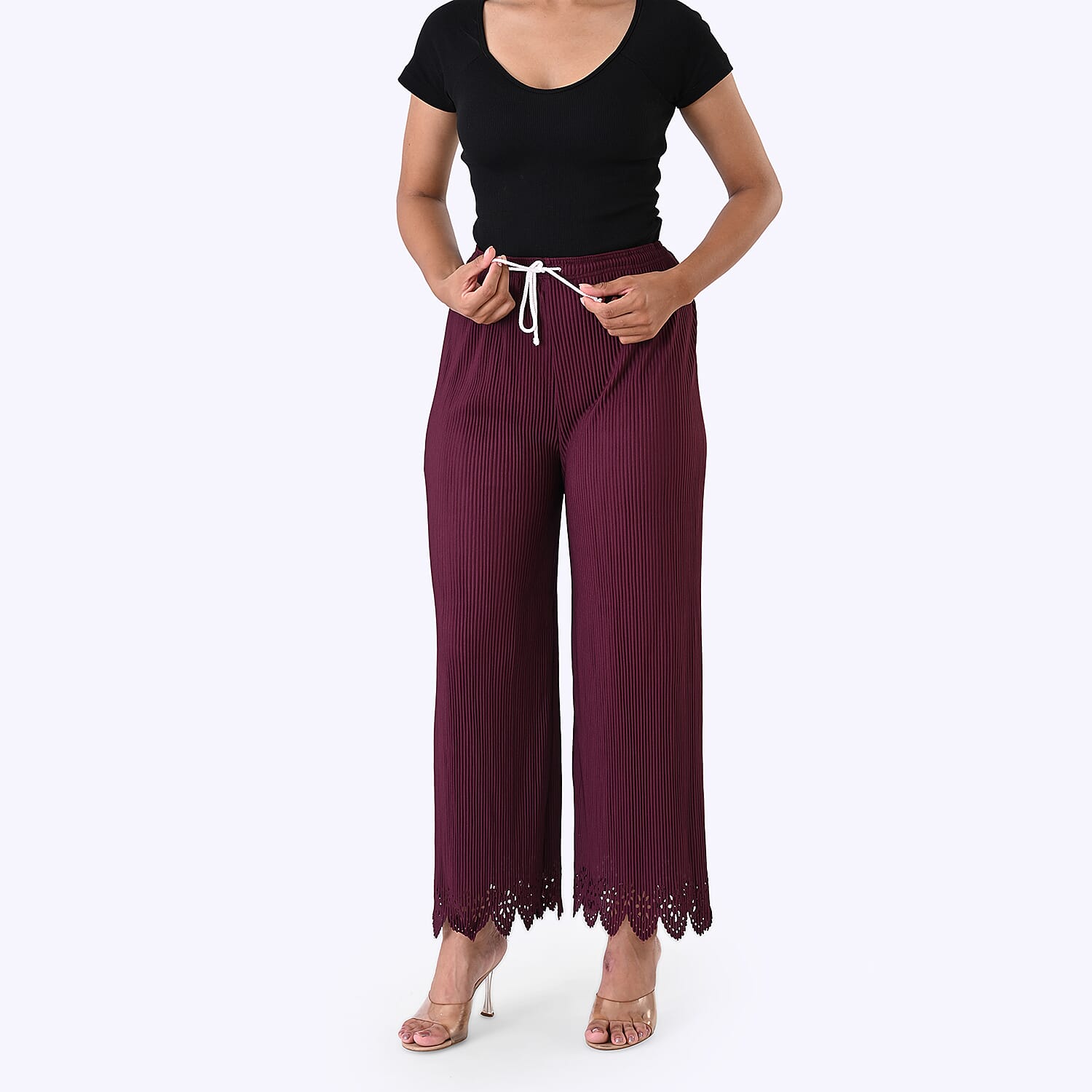 Styled By Laser-Cut Hem Pleated Palazzo (One Size) - Burgundy