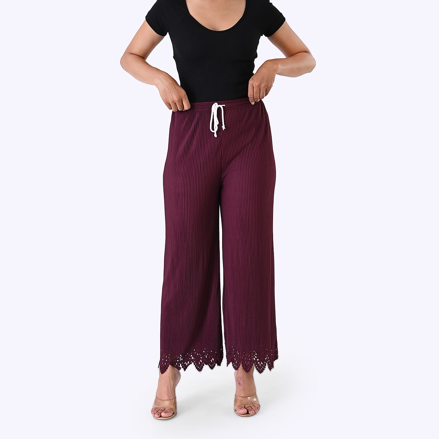 Styled By Laser-Cut Hem Pleated Palazzo (One Size) - Burgundy