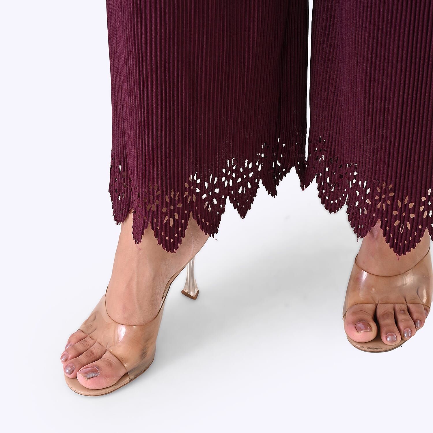 Styled By Laser-Cut Hem Pleated Palazzo (One Size) - Burgundy
