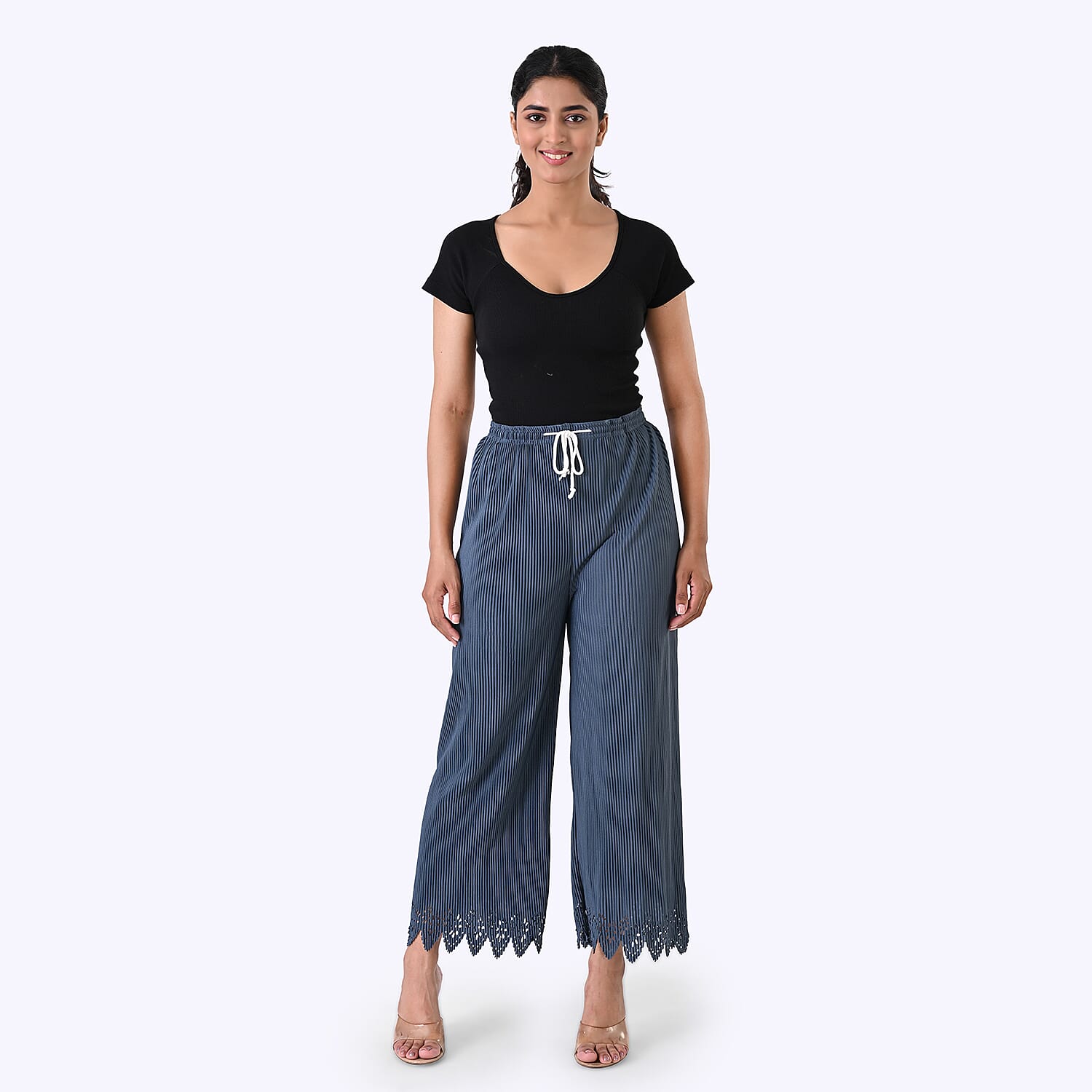 Styled By Laser-Cut Hem Pleated Wide Leg Trouser (One Size) - Slate Blue