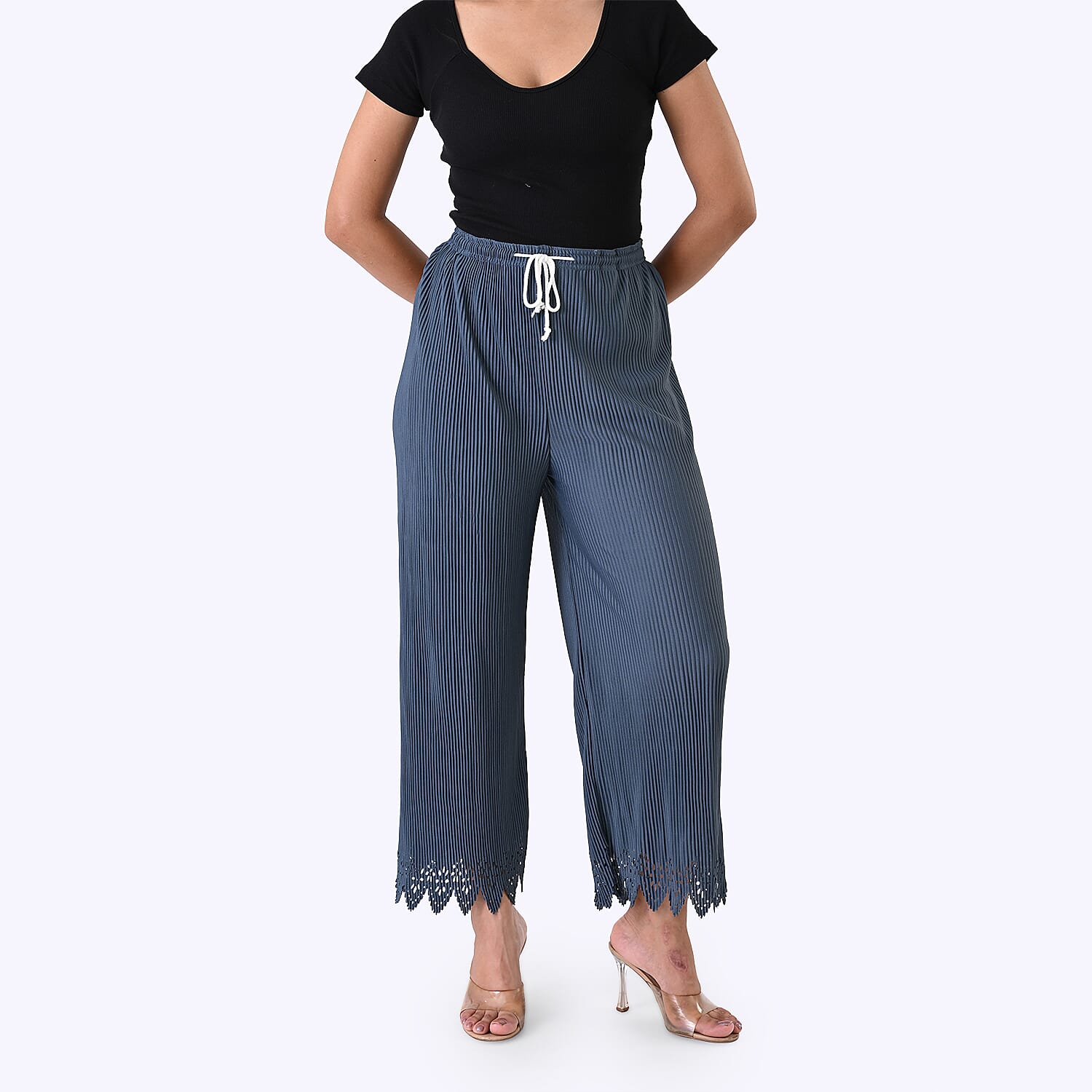 Styled By Laser-Cut Hem Pleated Wide Leg Trouser (One Size) - Slate Blue