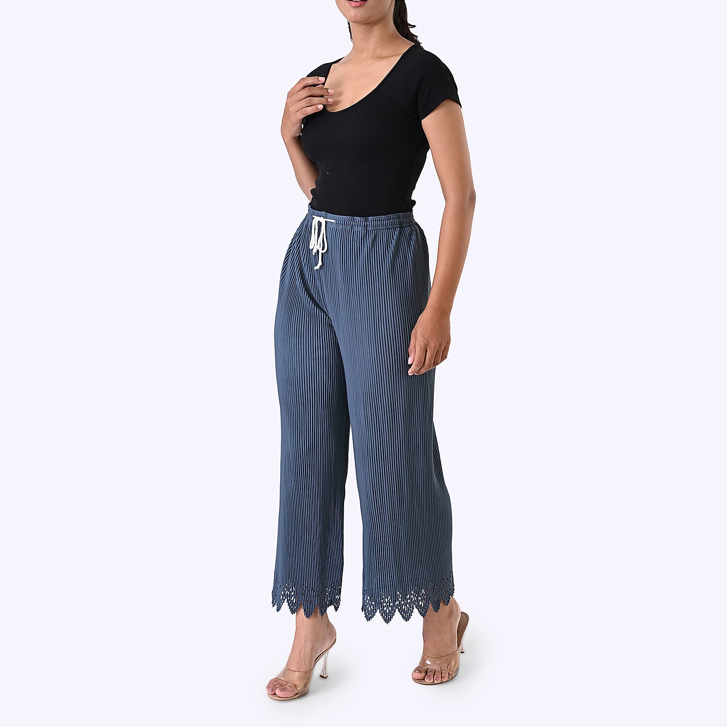 Styled By Laser-Cut Hem Pleated Wide Leg Trouser (One Size) - Slate Blue