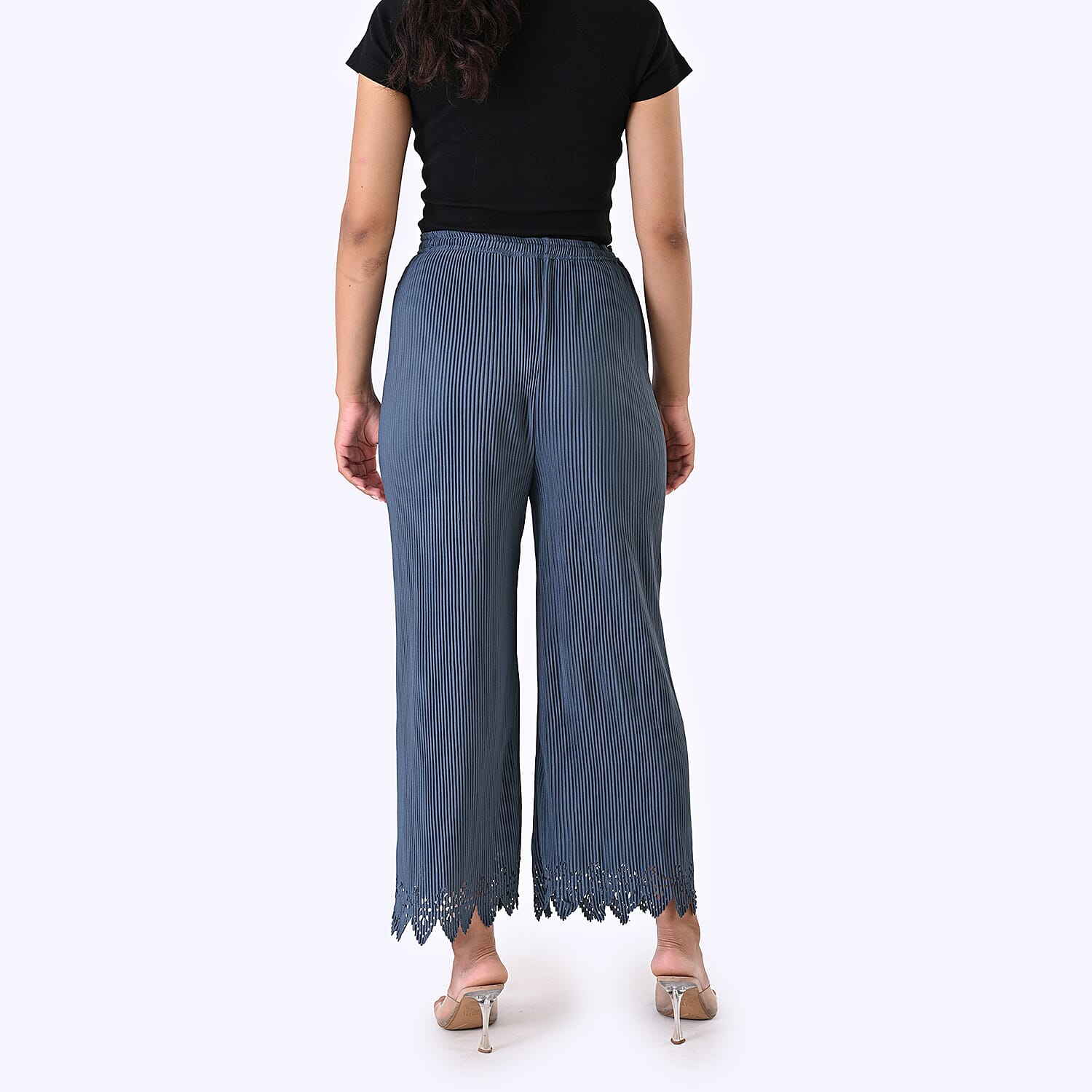Styled By Laser-Cut Hem Pleated Wide Leg Trouser (One Size) - Slate Blue