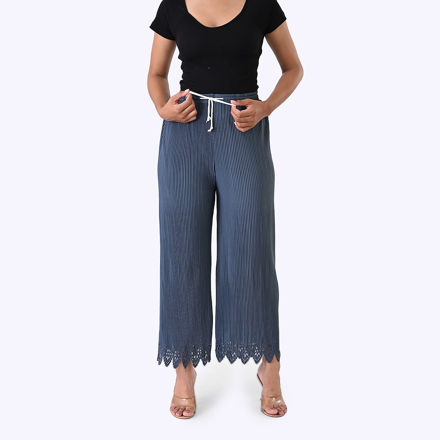 Styled By Laser-Cut Hem Pleated Wide Leg Trouser (One Size) - Slate Blue