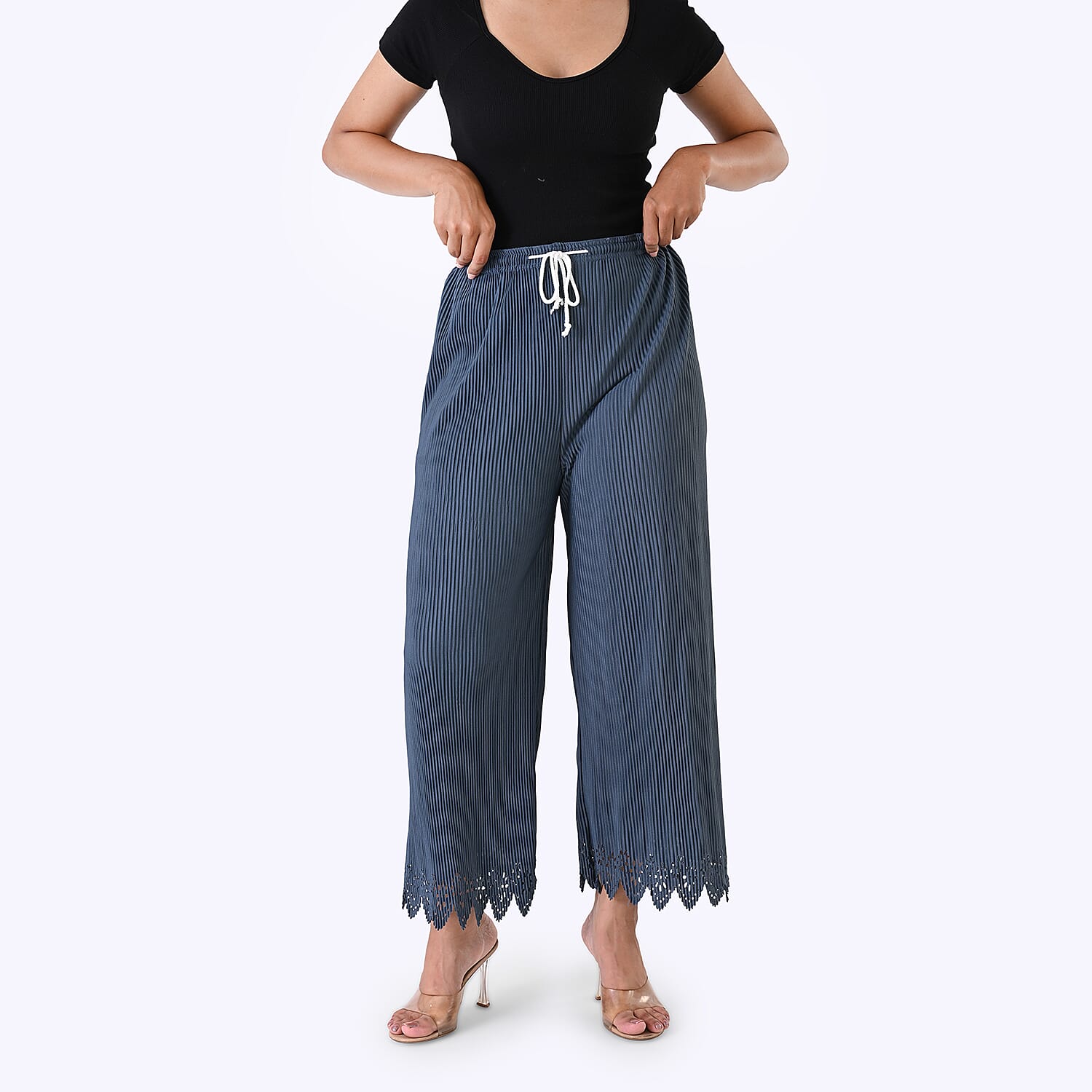 Styled By Laser-Cut Hem Pleated Wide Leg Trouser (One Size) - Slate Blue