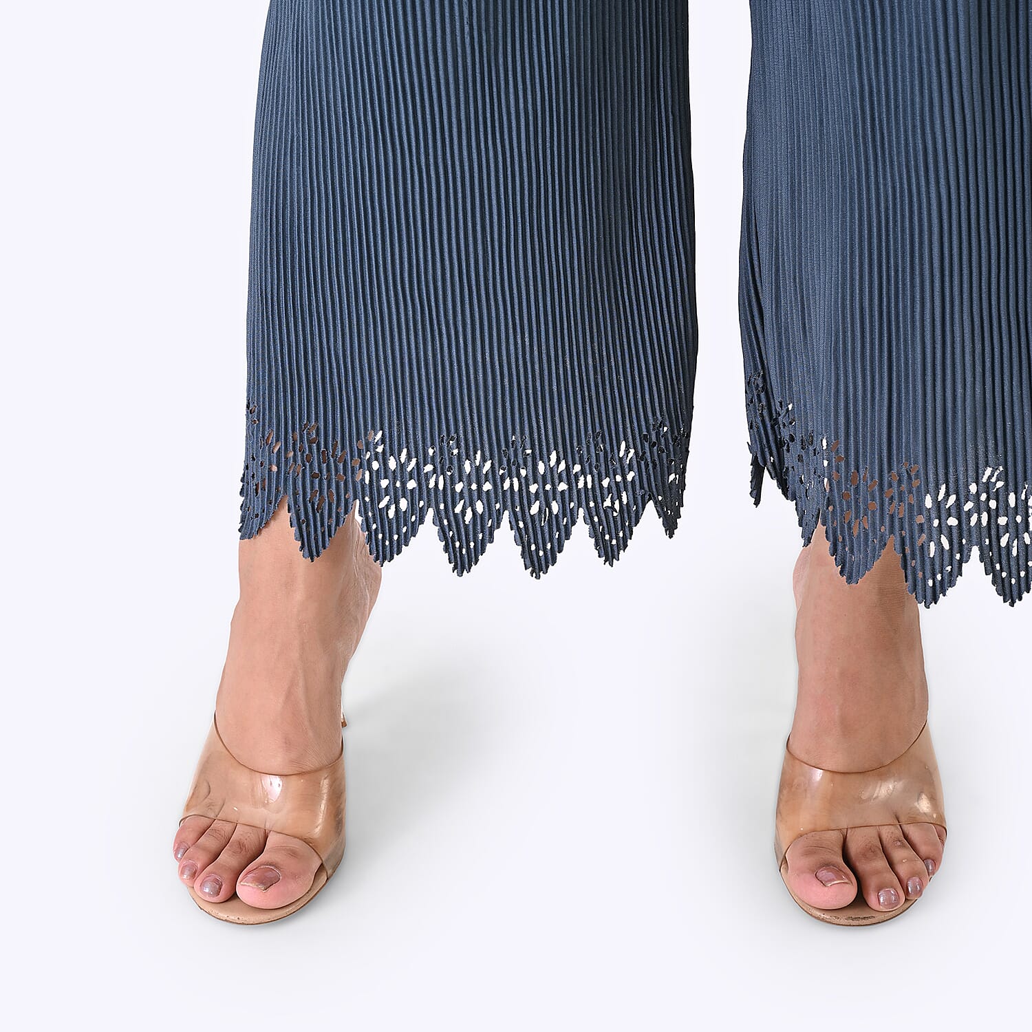 Styled By Laser-Cut Hem Pleated Wide Leg Trouser (One Size) - Slate Blue