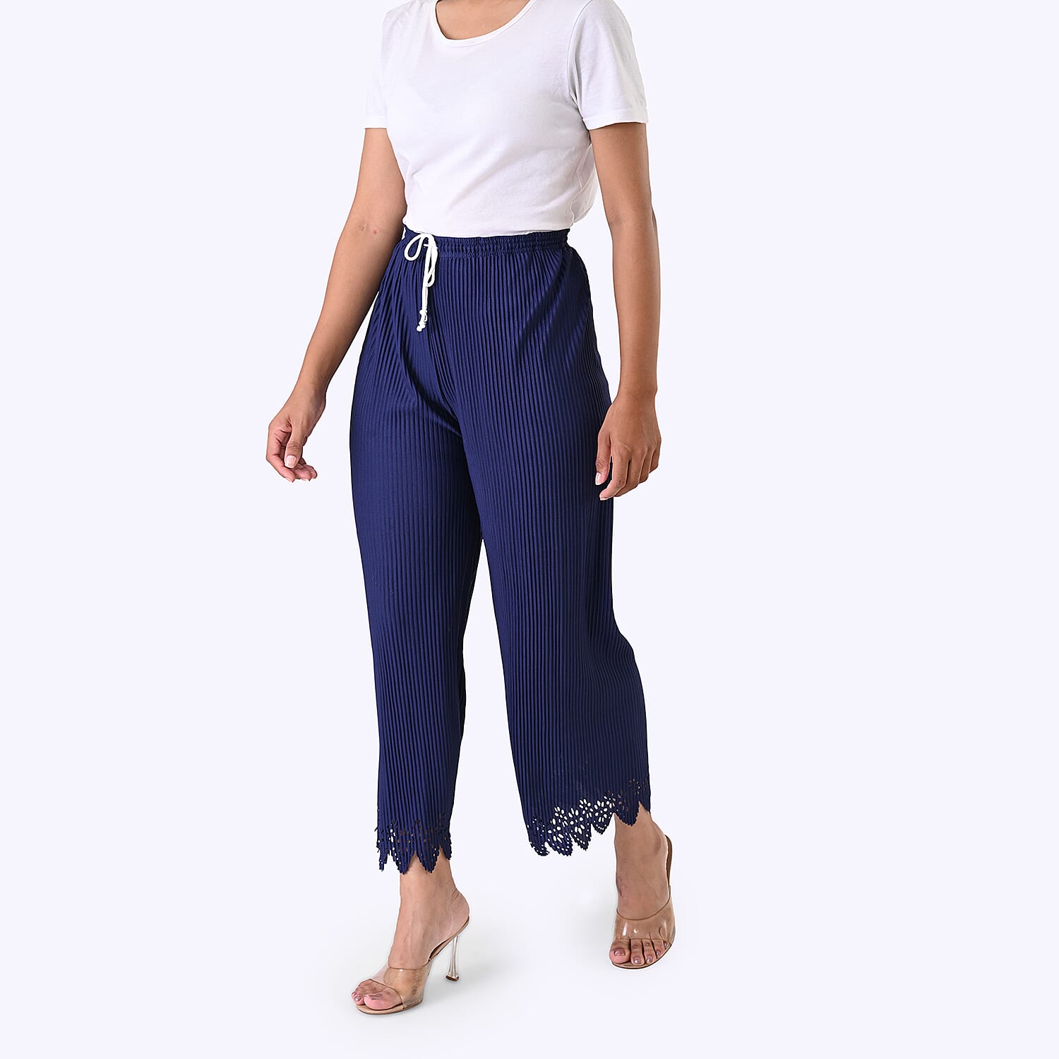 Styled By Laser-Cut Hem Pleated Wide Leg Trouser (One Size) - Navy