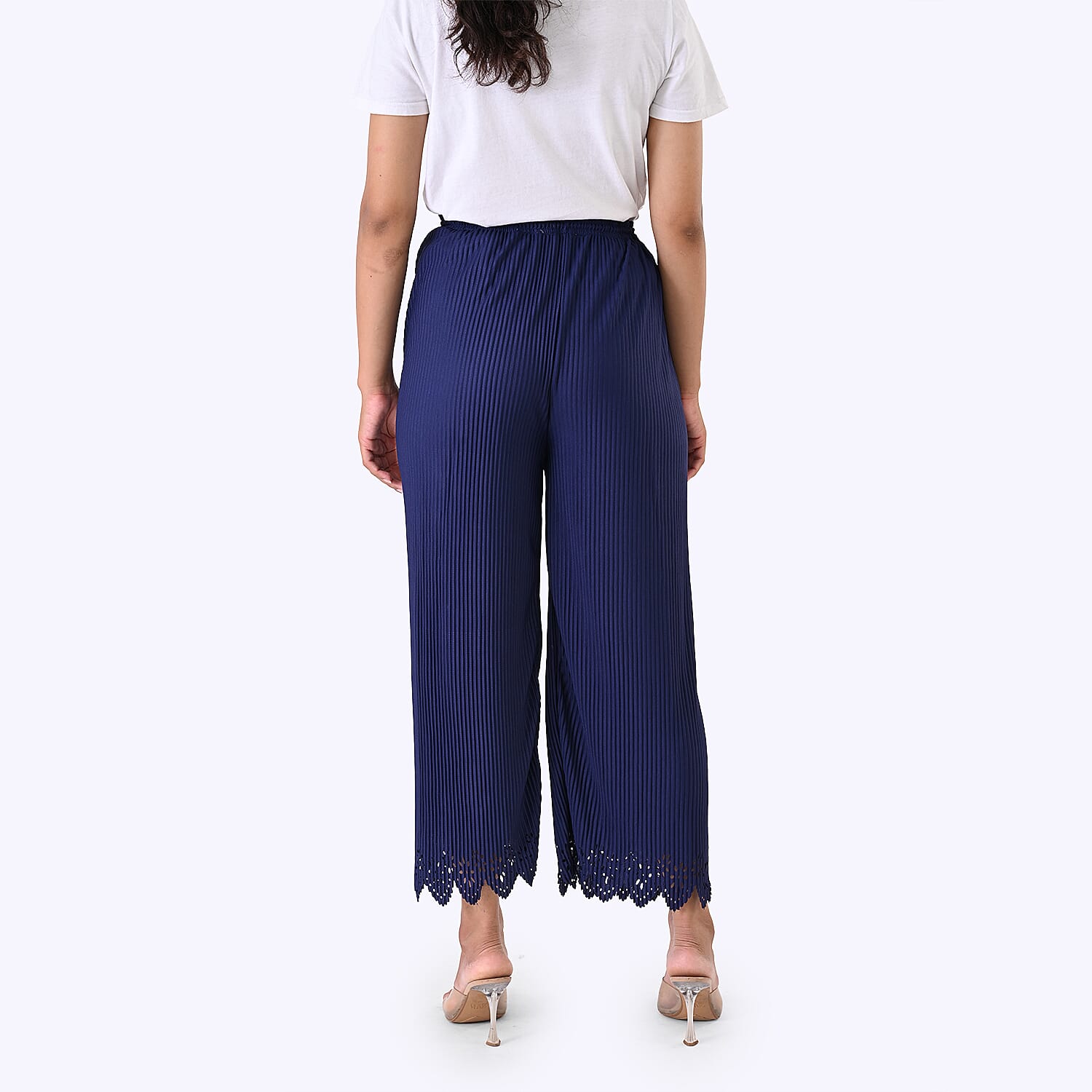 Styled By Laser-Cut Hem Pleated Wide Leg Trouser (One Size) - Navy