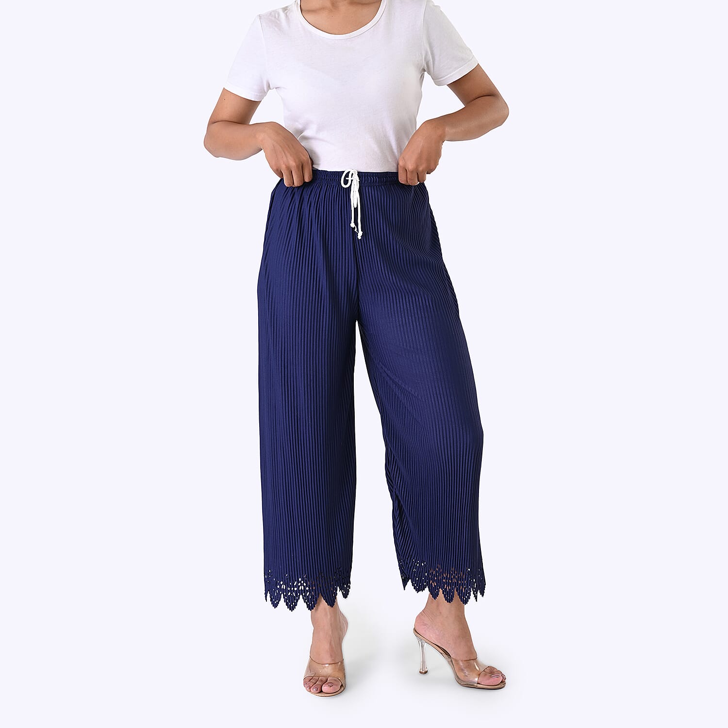 Styled By Laser-Cut Hem Pleated Wide Leg Trouser (One Size) - Navy