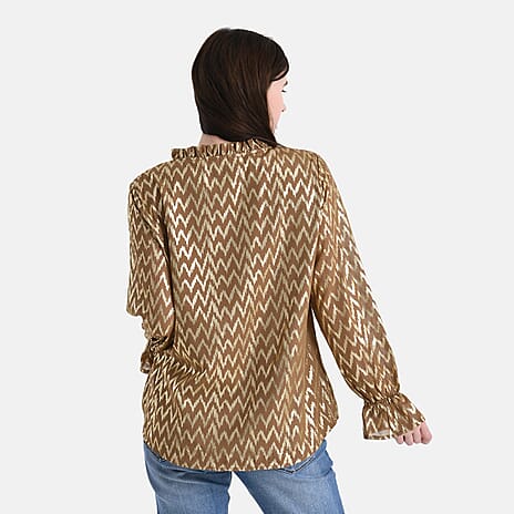 La Marey Gold Foil Wave Pattern Crepe Blouse (Size L, 16 to 18) - Brown