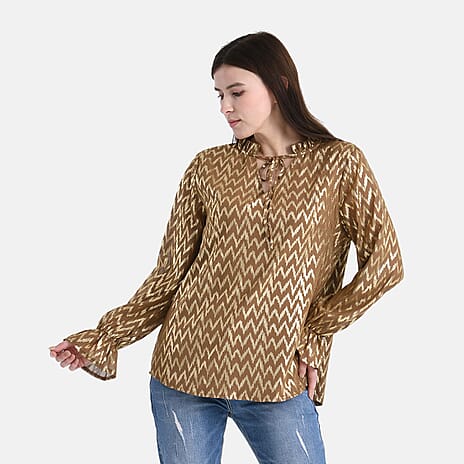 La Marey Gold Foil Wave Pattern Crepe Blouse (Size XL, 20 to 22) - Brown