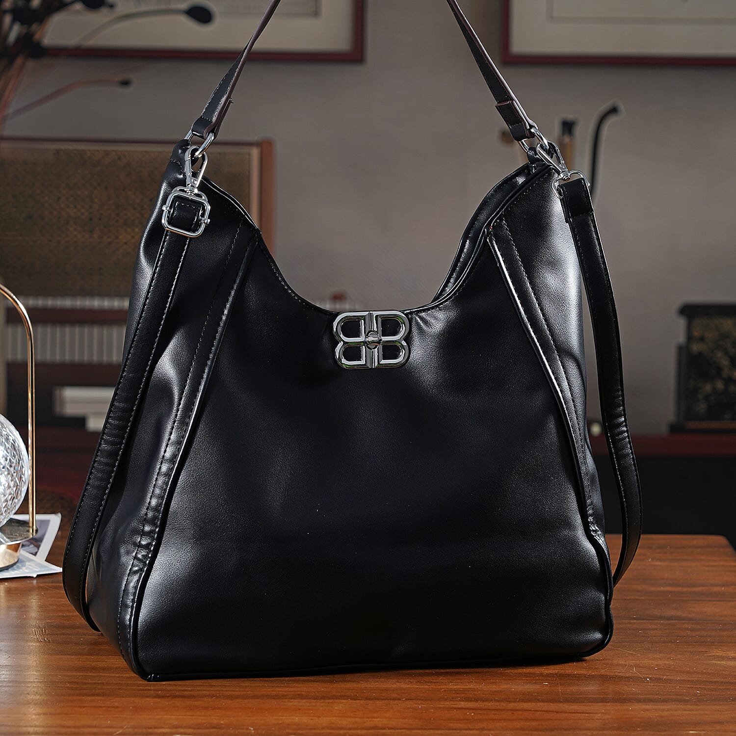 Leatherette Hobo Bag with Adjustable Shoulder Strap - Black