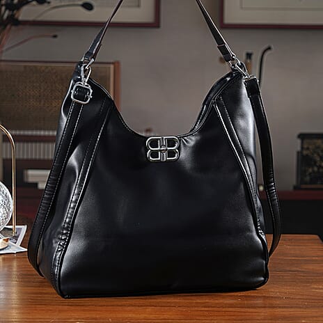 Leatherette Hobo Bag with Adjustable Shoulder Strap - Black