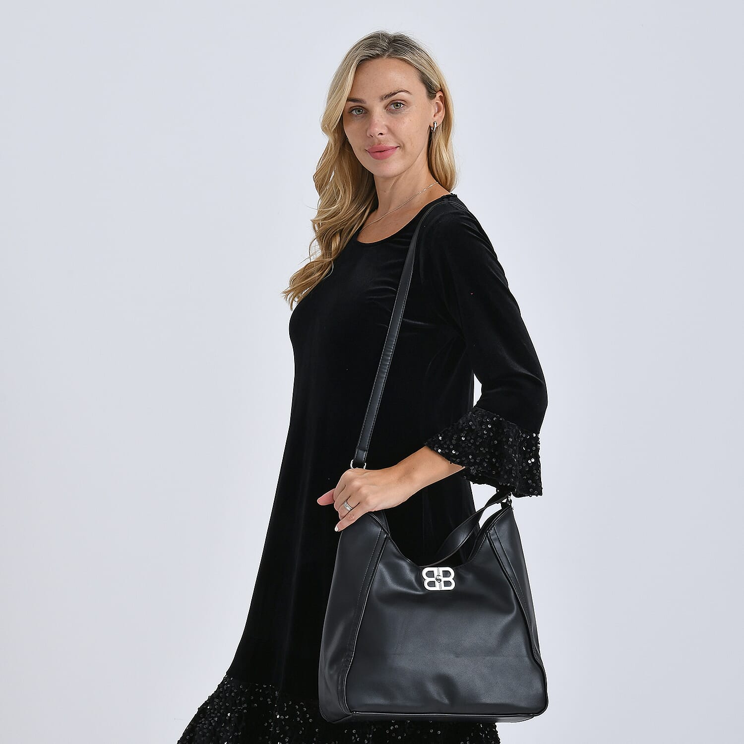 Leatherette Hobo Bag with Adjustable Shoulder Strap - Black