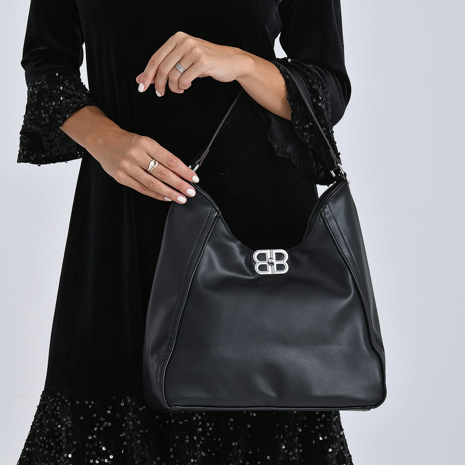 Leatherette Hobo Bag with Adjustable Shoulder Strap - Black