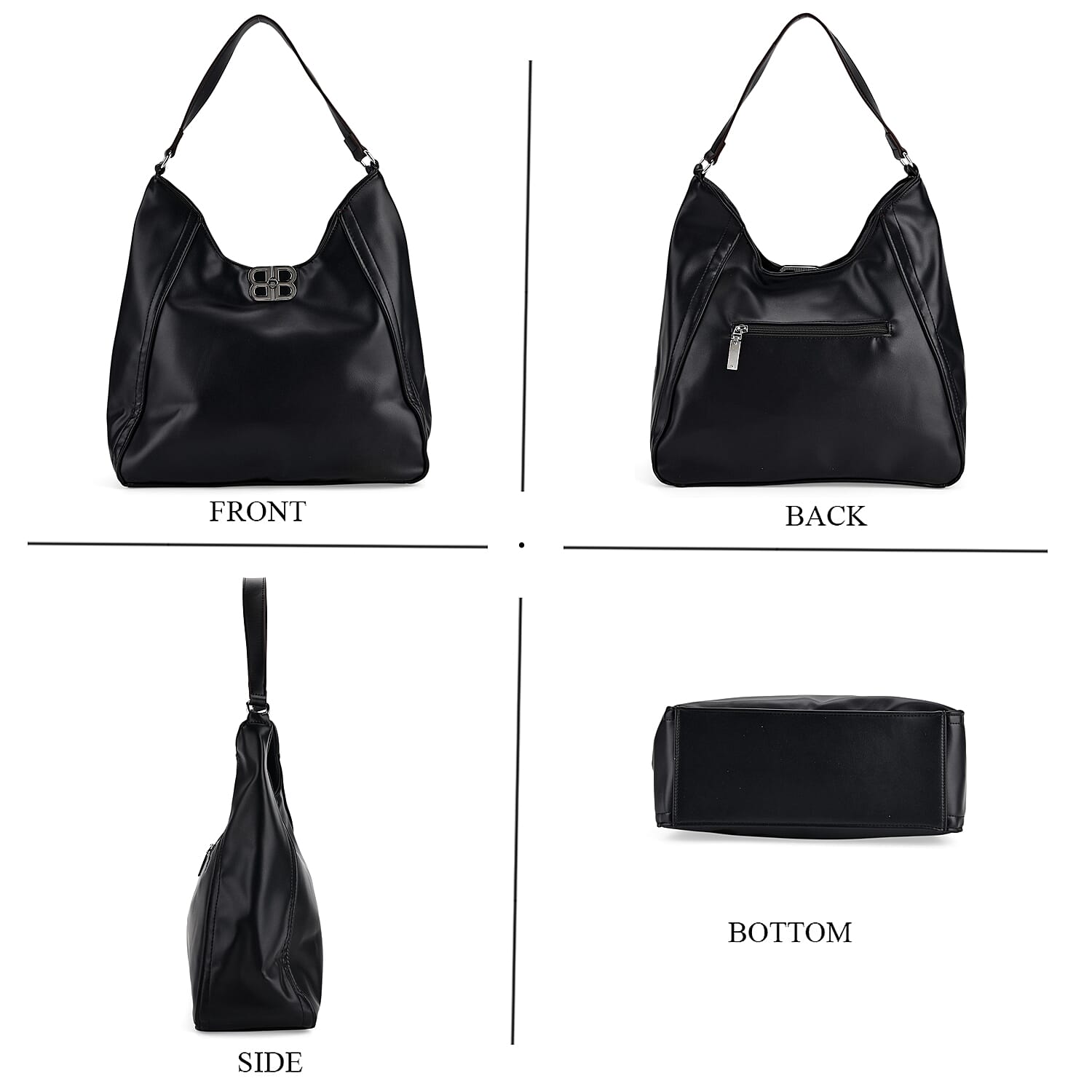 Leatherette Hobo Bag with Adjustable Shoulder Strap - Black