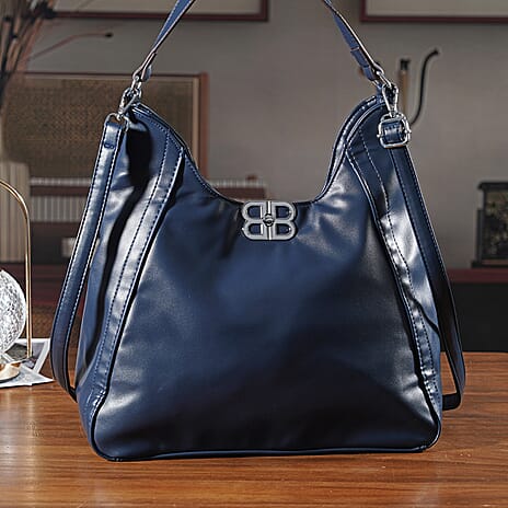 Leatherette Hobo Bag with Adjustable Shoulder Strap - Blue