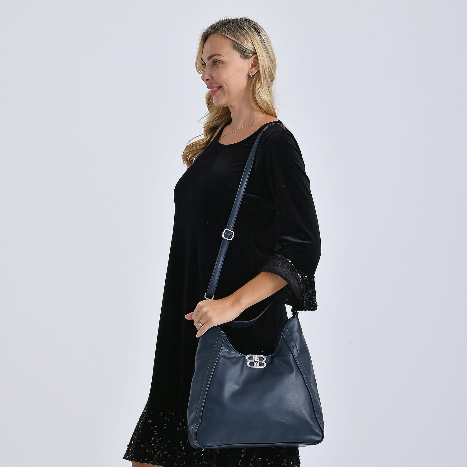 Leatherette Hobo Bag with Adjustable Shoulder Strap - Blue