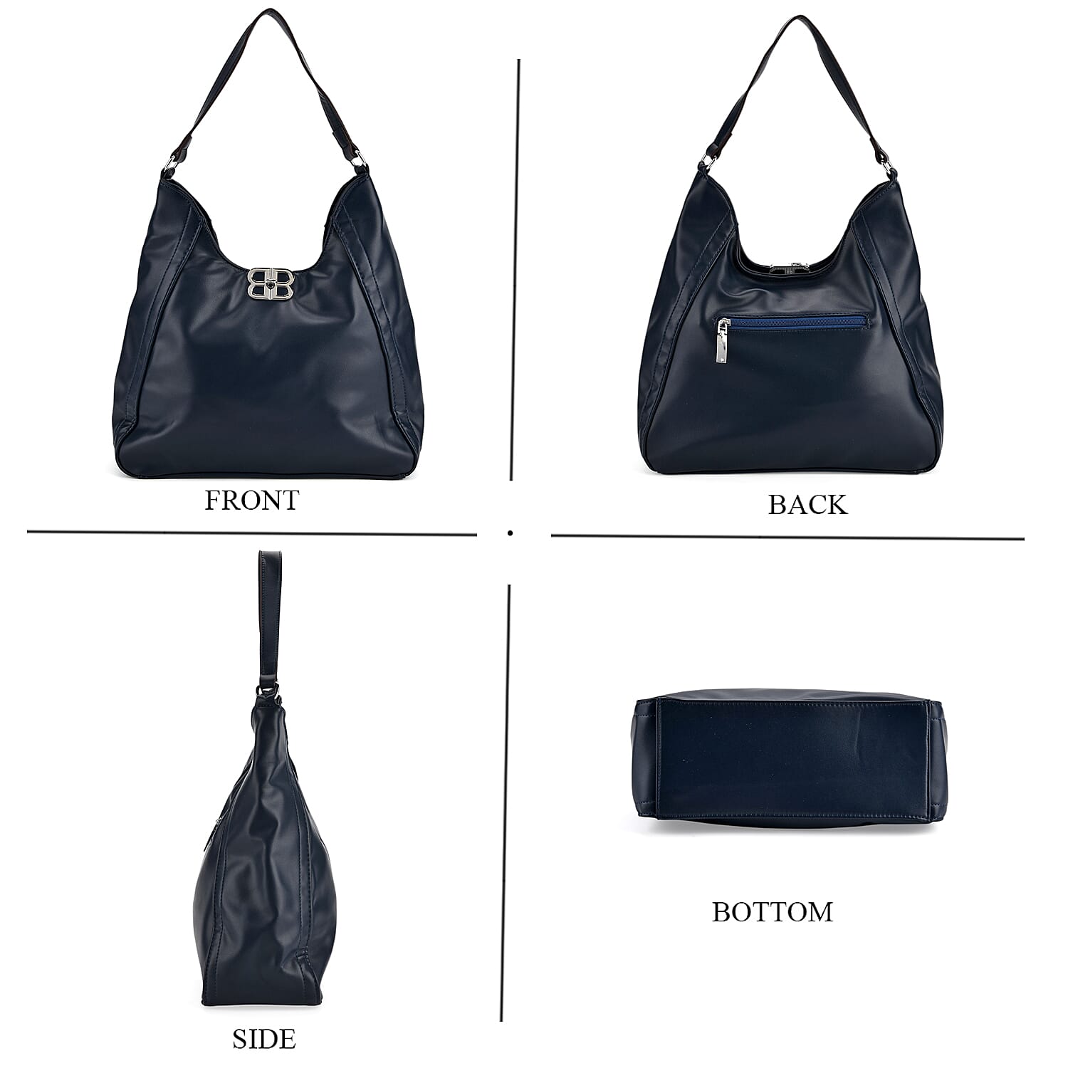 Leatherette Hobo Bag with Adjustable Shoulder Strap - Blue