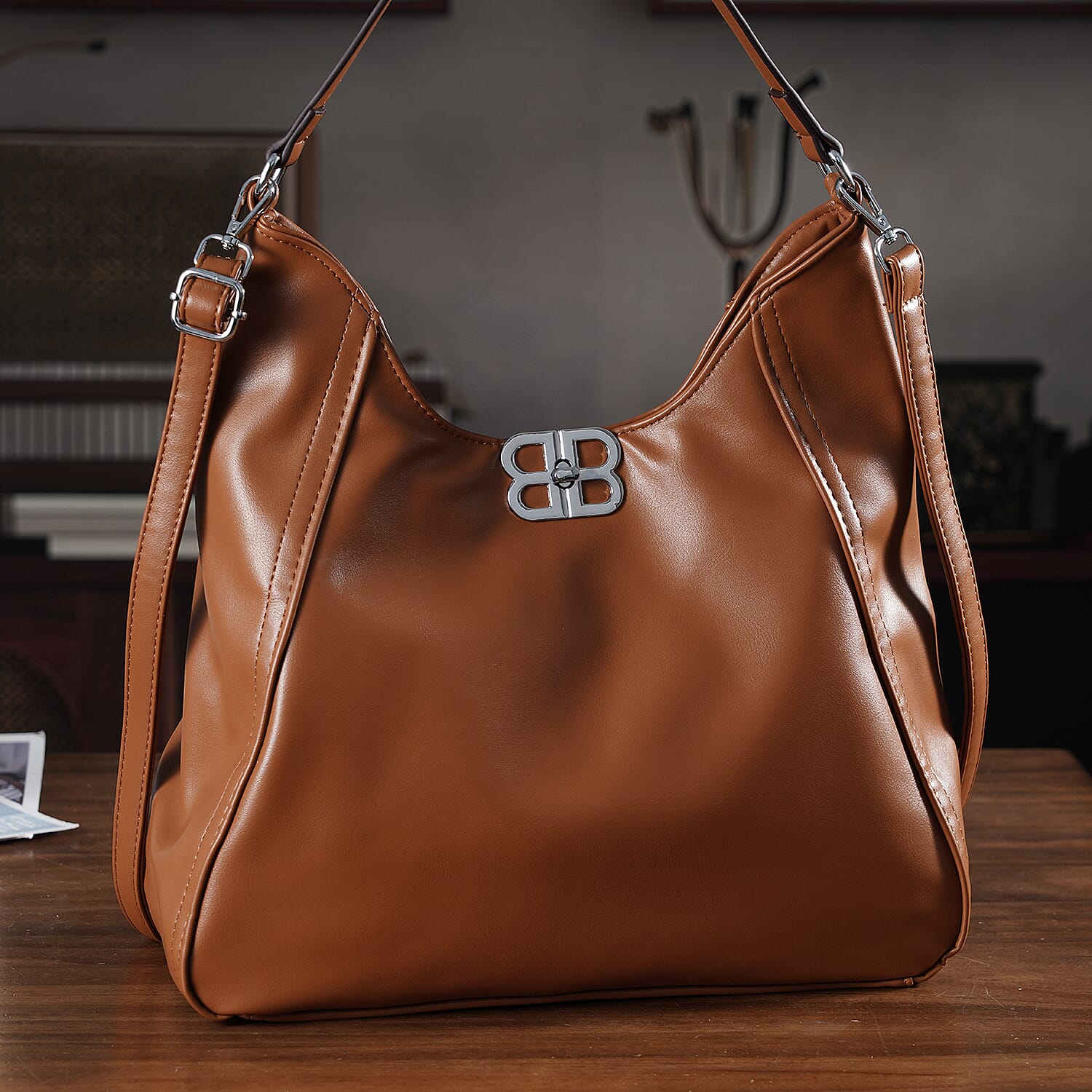 Leatherette Hobo Bag with Adjustable Shoulder Strap - Tan