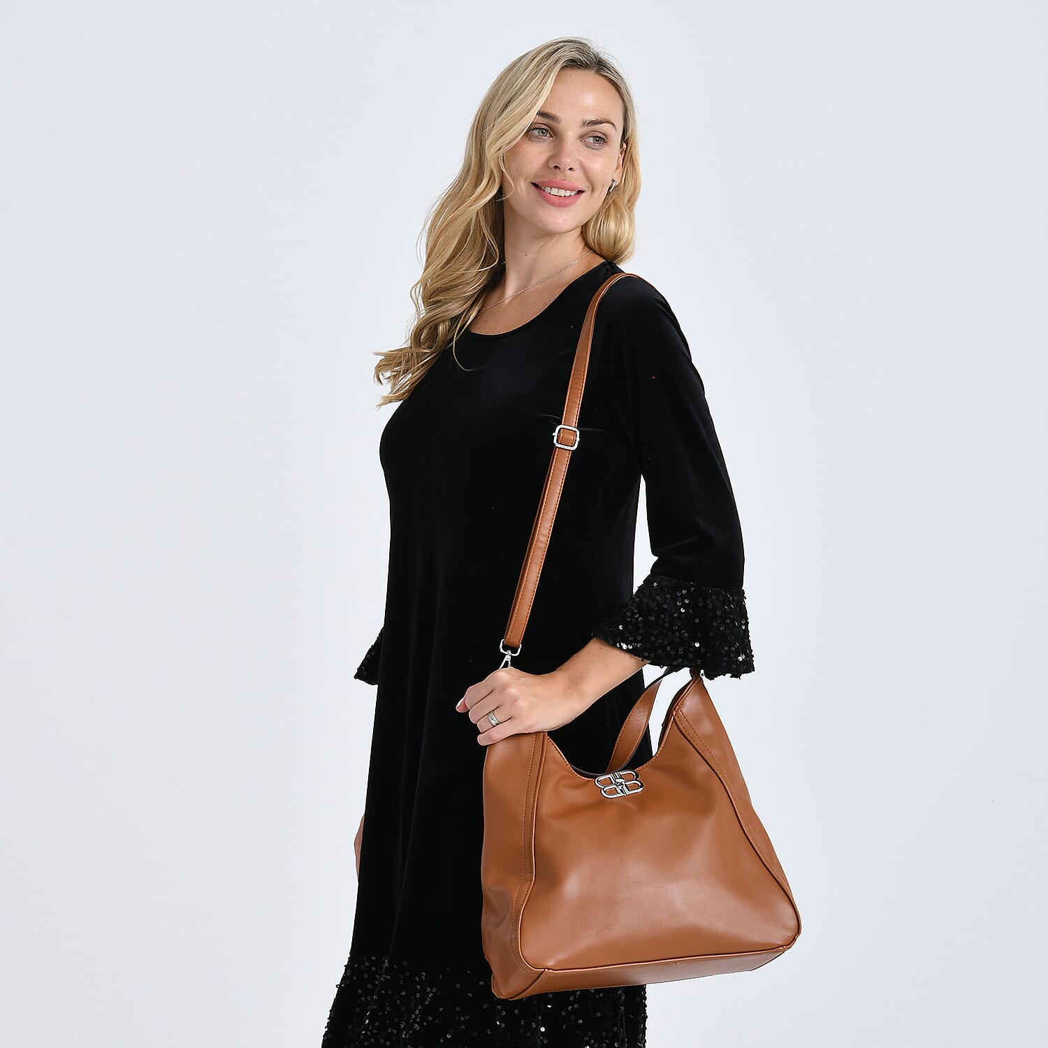 Leatherette Hobo Bag with Adjustable Shoulder Strap - Tan