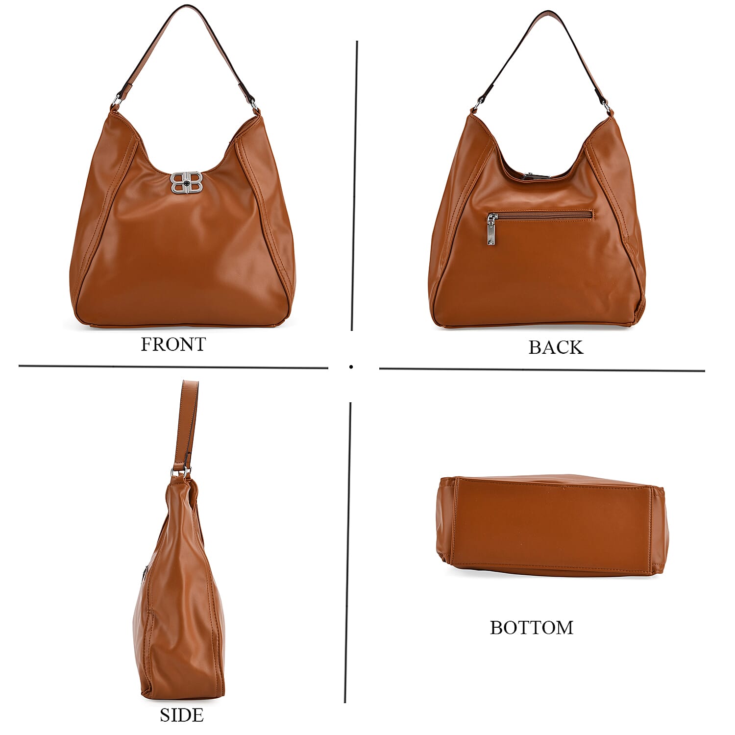 Leatherette Hobo Bag with Adjustable Shoulder Strap - Tan