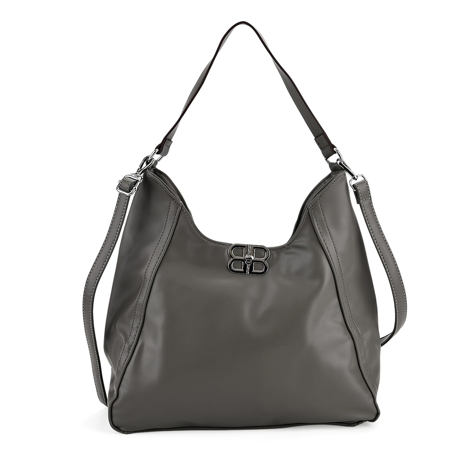 Leatherette Hobo Bag with Adjustable Shoulder Strap - Grey