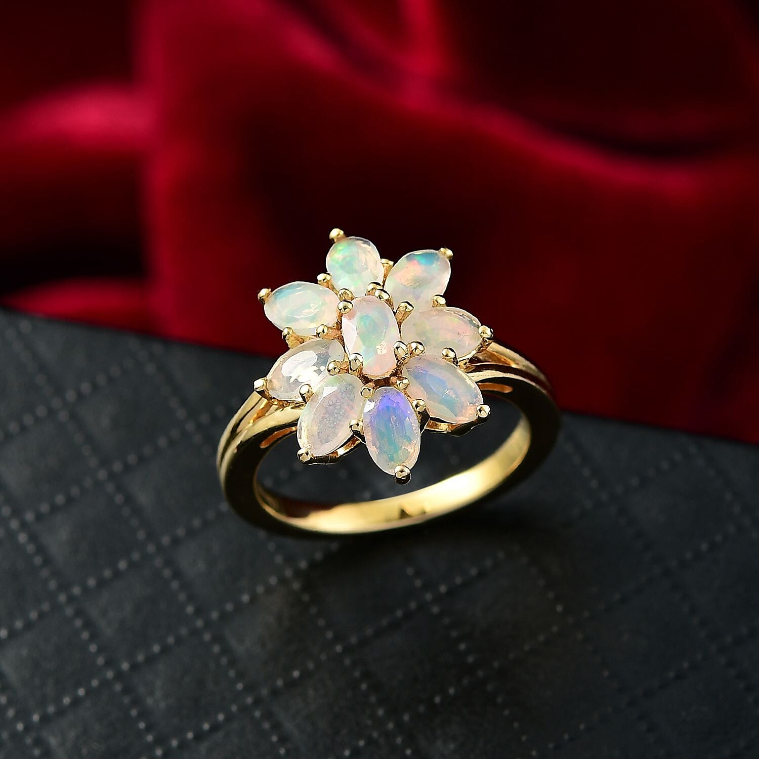 Djoy Ethiopian Opal Cluster Celestial Bloom Ring in Yellow Gold Plating Sterling Silver 1.45 Ct.