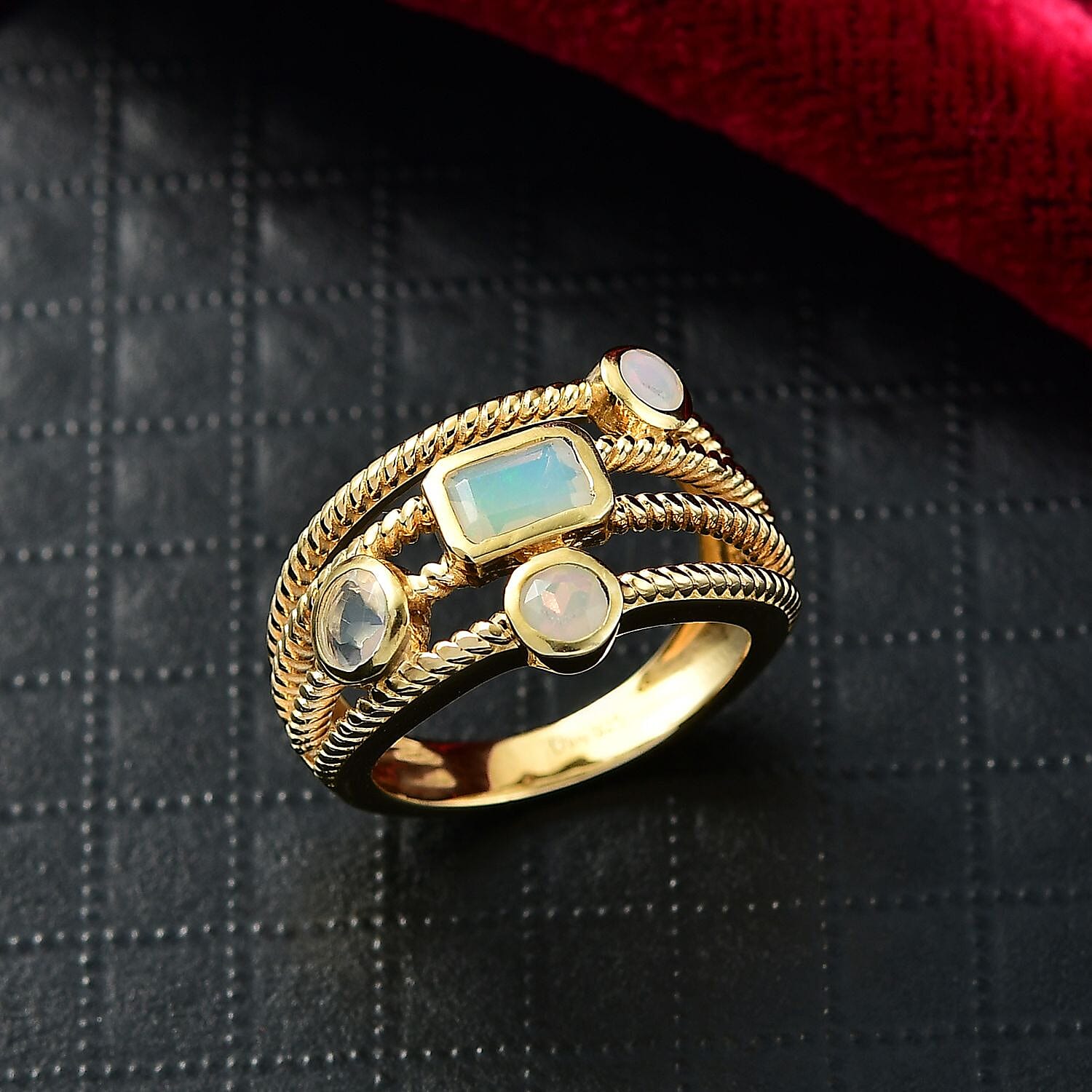 Ethiopian Opal Sunfire Stacks Ring in Yellow Gold Plating Sterling Silver