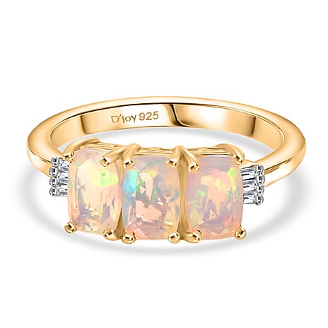 Djoy Ethiopian Opal & White Diamond Trinity of Light Ring in Yellow Gold Plating Sterling Silver 1.20 Ct.