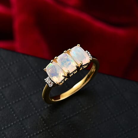Djoy Ethiopian Opal & White Diamond Trinity of Light Ring in Yellow Gold Plating Sterling Silver 1.20 Ct.