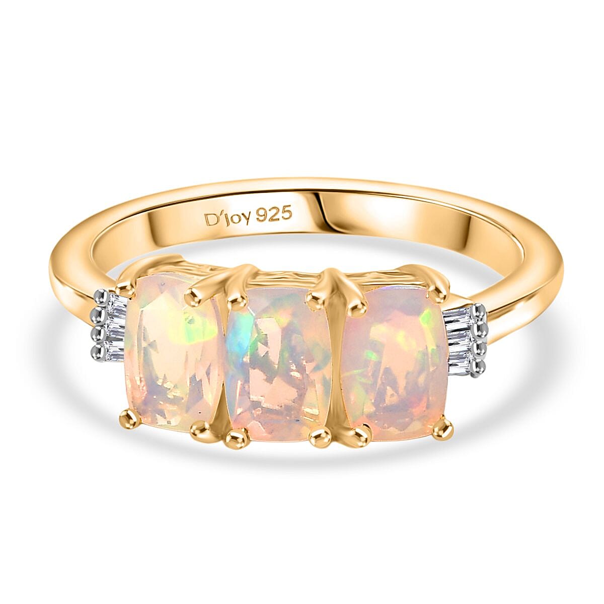 D'joy Ethiopian Opal, White Diamond Trinity of Light Ring in Yellow Gold Plated Sterling Silver 1.21 Ct.