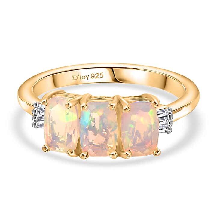 D'joy Ethiopian Opal, White Diamond Trinity of Light Ring in Yellow Gold Plated Sterling Silver 1.21 Ct.