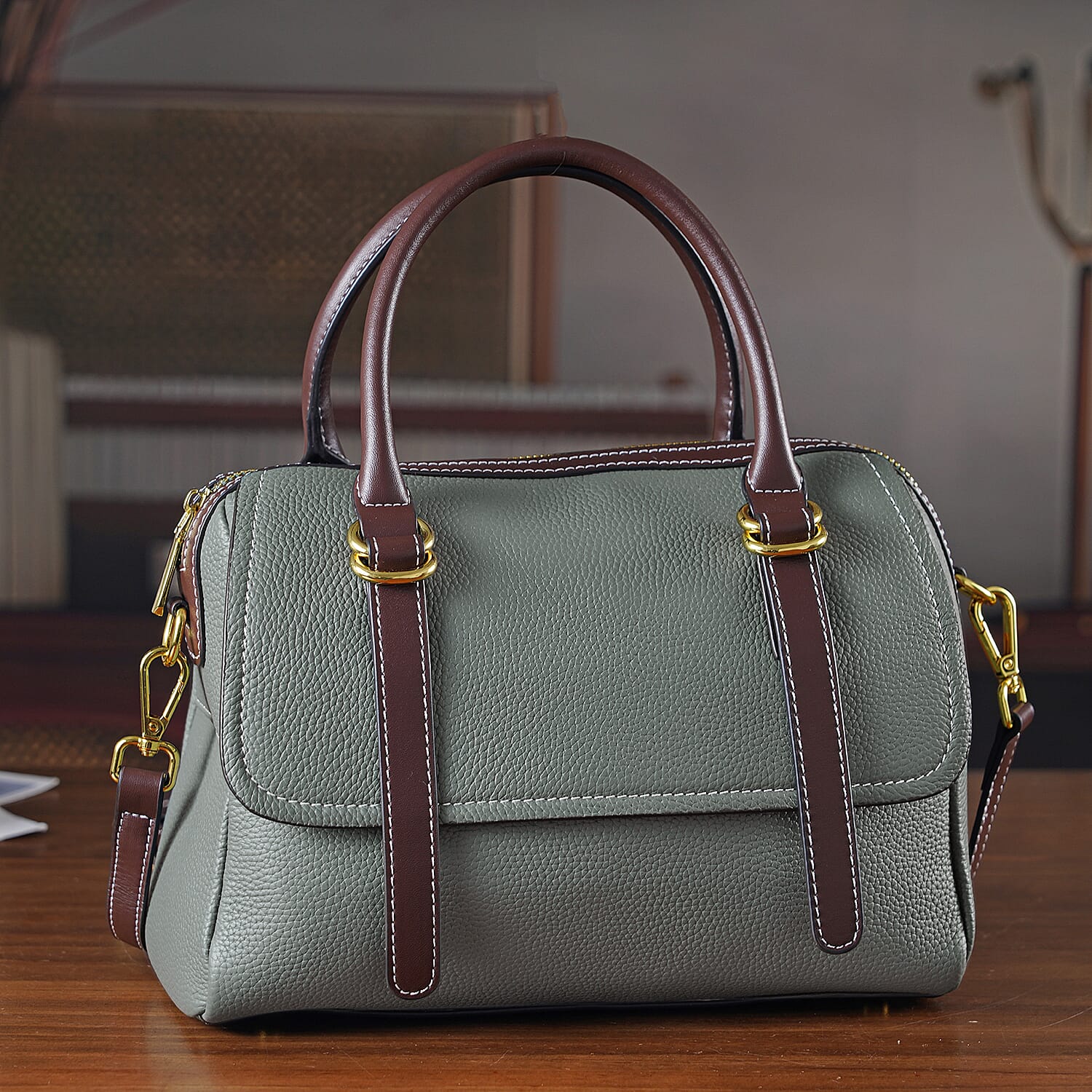 100% Geniune Leather Floral Embossed Tote Bag - Green