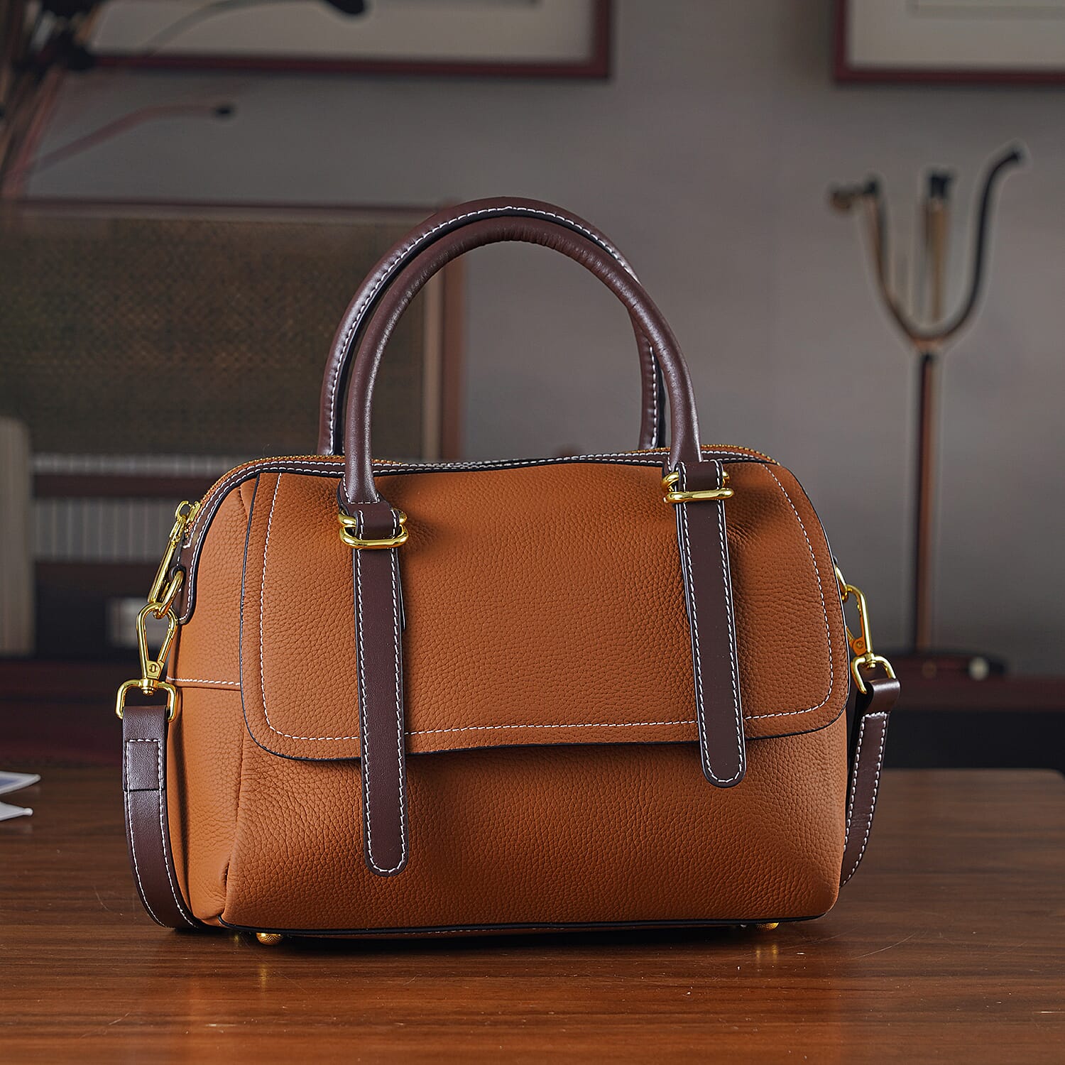 100% Geniune Leather Floral Embossed Tote Bag - Tan